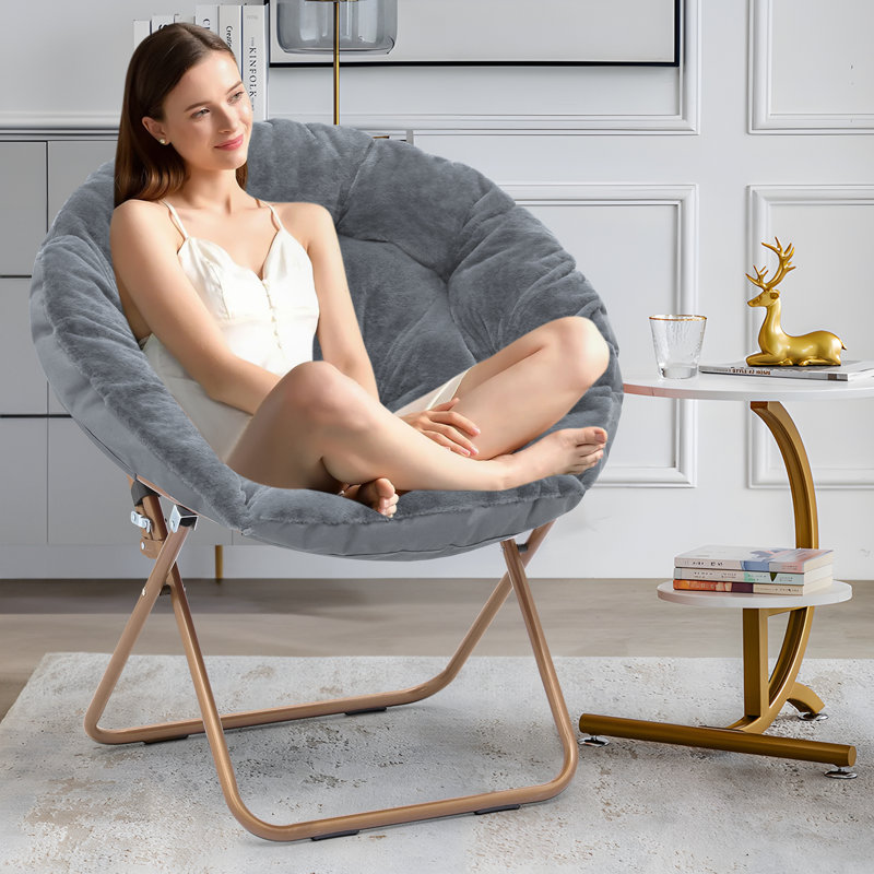 MoNiBloom Foldable Lounge Chair Comfy Faux Fur Saucer Chair Cozy Moon Chair Seating with Metal Frame for Home Living Room Bedroom Brown